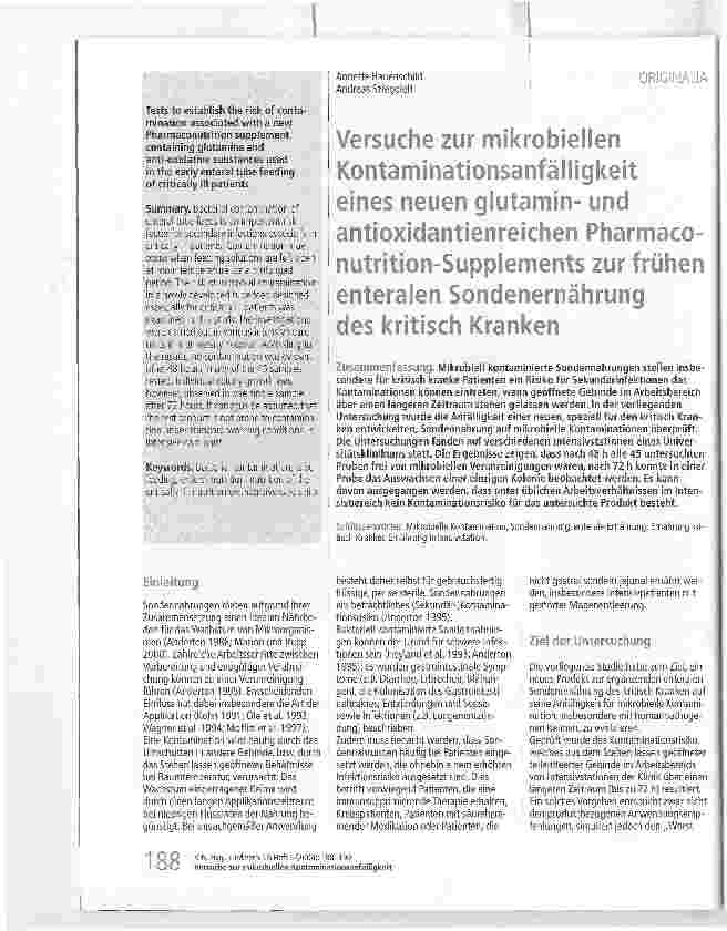 Vorschauseite 1: Versuche zur mikrobiellen Kontaminationsanfälligkeit eines neuen glutaminund antioxidantienreichen Pharmaco-nutrition-Supplements zur frühen enteralen Sondenernährung des kritisch…