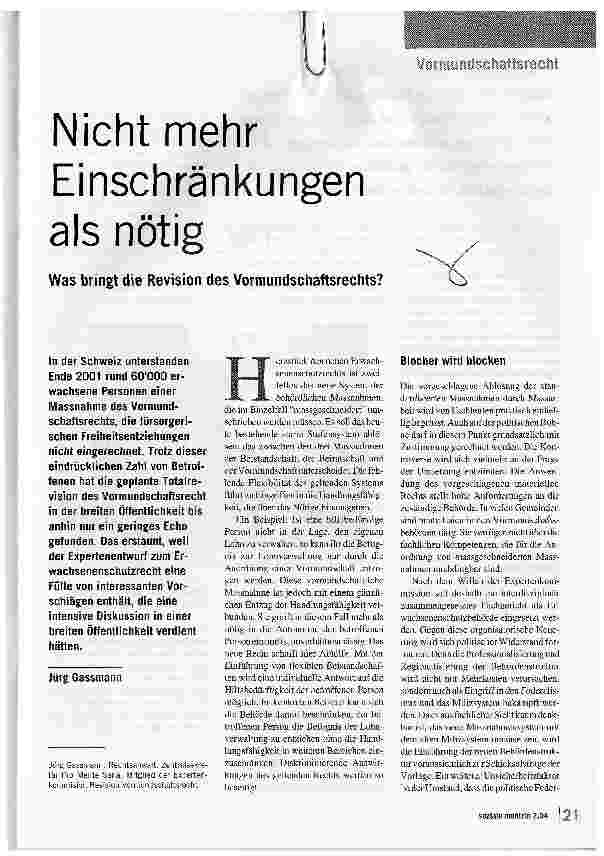 Vorschauseite 1: Nicht mehr Einschränkungen als nötigWas bringt die Revision des Vormundschaftsrechts?