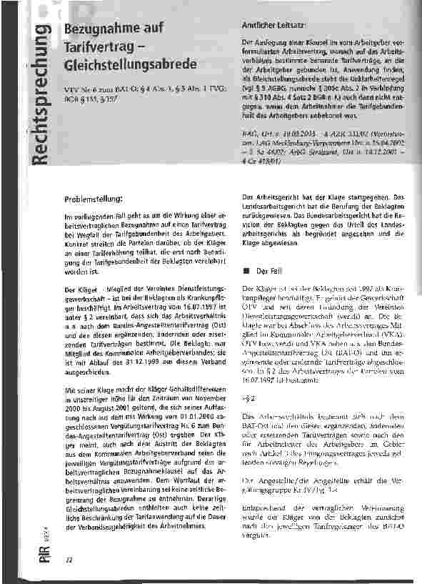 Vorschauseite 1: Bezugnahme auf Tarifvertrag - Gleichstellungsabrede BAG, Urt. v. 19.03.2003