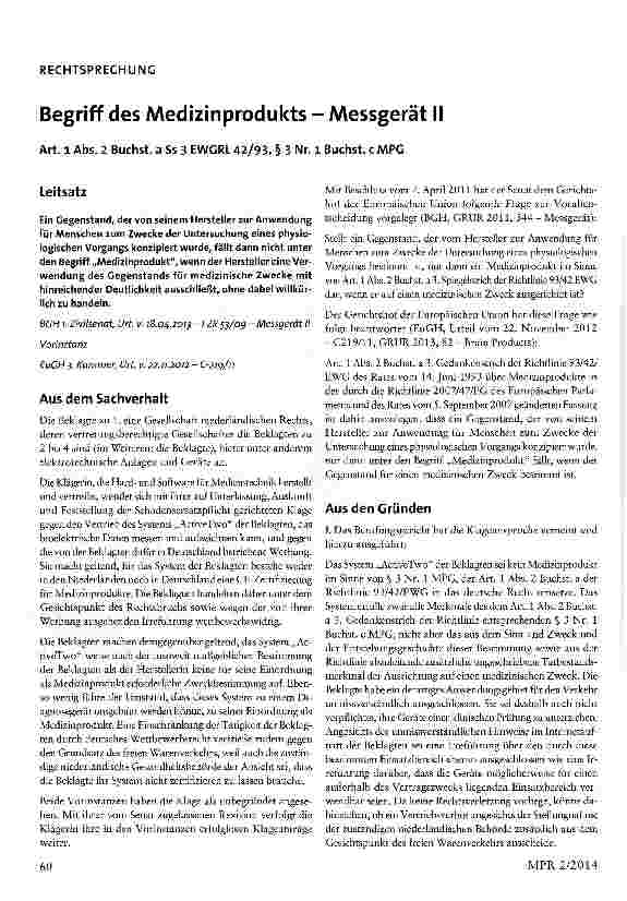 Vorschauseite 1: Begriff des Medizinprodukts - Messgerät II Art. 1 Abs. 2 Buchst, a Ss 3 EWGRL 42/93, § 3 Nr. 1 Buchst, c MPG