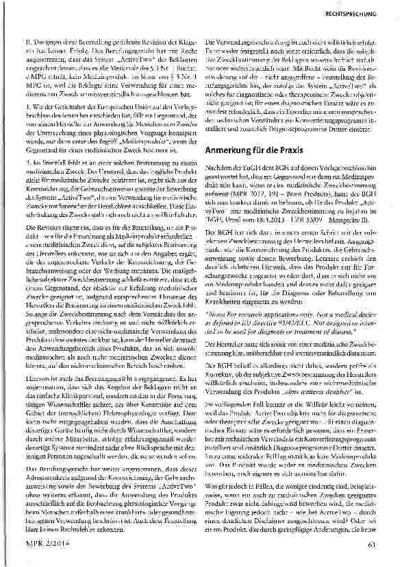 Vorschauseite 2: Begriff des Medizinprodukts - Messgerät II Art. 1 Abs. 2 Buchst, a Ss 3 EWGRL 42/93, § 3 Nr. 1 Buchst, c MPG