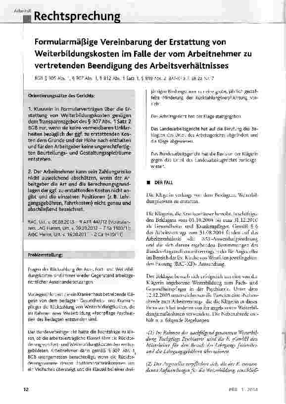 Vorschauseite 1: Formularmäßige Vereinbarung der Erstattung von Weiterbildungskosten im Falle der vom Arbeitnehmer zu vertretenden Beendigung des Arbeitsverhältnisses