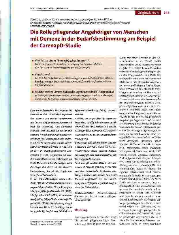 Vorschauseite 1: Die Rolle pflegender Angehöriger von Menschen mit Demenz in der Bedarfsbestimmung am Beispiel der CarenapD-Studie