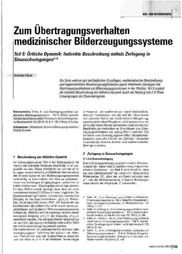 Vorschauseite 1: Zum Ubertragungsverhalten medizinischer Bilderzeugungssysteme Teil 5: Örtliche Dynamik: Indirekte Beschreibung mittels Zerlegung in Sinusschwingungen1-4