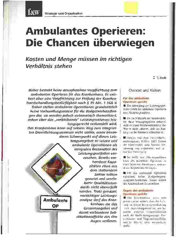 Vorschauseite 1: Ambulantes Operieren: Die Chancen überwiegenKosten und Menge müssen im richtigen Verhältnis stehen