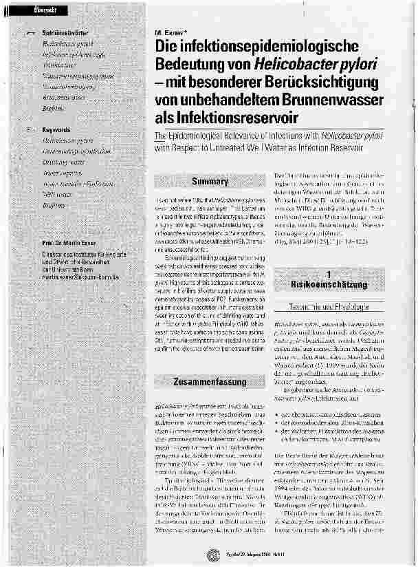 Vorschauseite 1: Die infektionsepidemiologische Bedeutung von Helicobacterpylori - mit besonderer Berücksichtigung von unbehandeltem Brunnenwasser als Infektionsreservoir