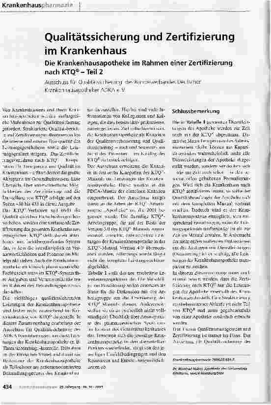 Vorschauseite 1: Qualitätssicherung und Zertifizierung im KrankenhausDie Krankenhausapotheke im Rahmen einer Zertifizierung nach KTQ®-Teil2