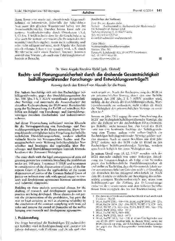 Vorschauseite 1: Rechtsund Planungsunsicherheit durch die drohende Gesamtnichtigkeit beihilfegewährender Forschungsund Entwicklungsverträge? !