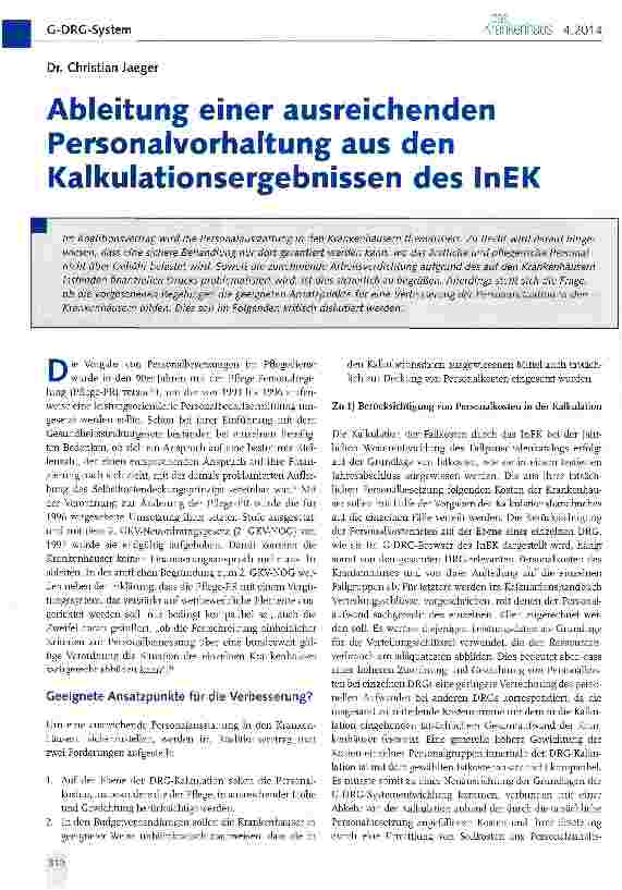 Vorschauseite 1: Ableitung einer ausreichenden Personalvorhaltung aus den Kalkulationsergebnissen des InEK