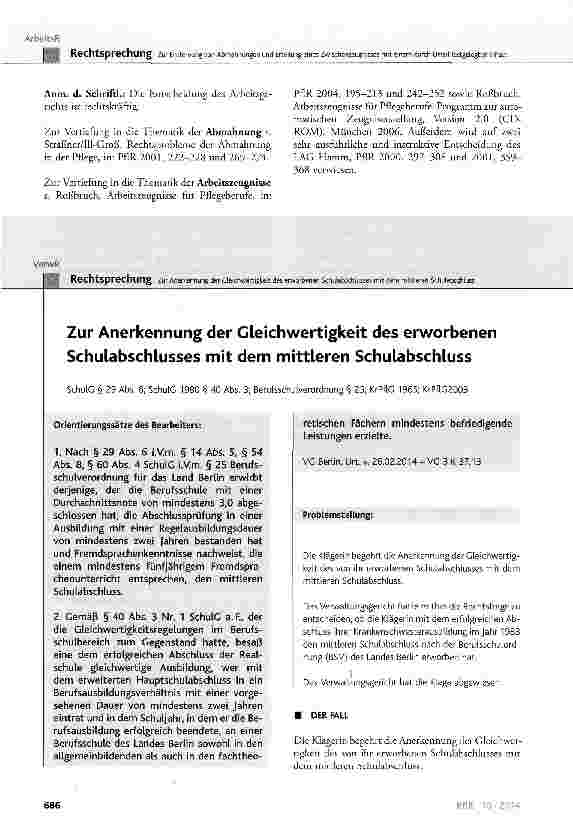 Vorschauseite 1: Zur Anerkennung der Gleichwertigkeit des erworbenen Schulabschlusses mit dem mittleren Schulabschluss