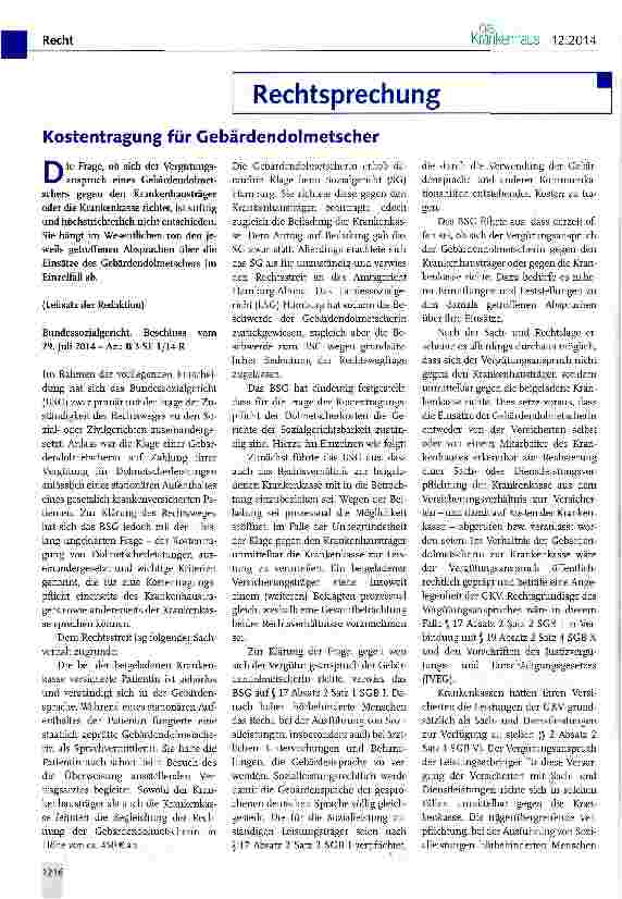 Vorschauseite 1: Kostentragung für Gebärdendolmetscher