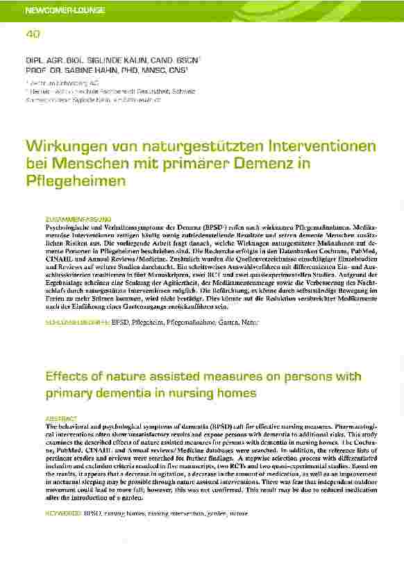 Vorschauseite 1: Wirkungen von naturgestützten Interventionen bei Menschen mit primärer Demenz in Pflegeheimen