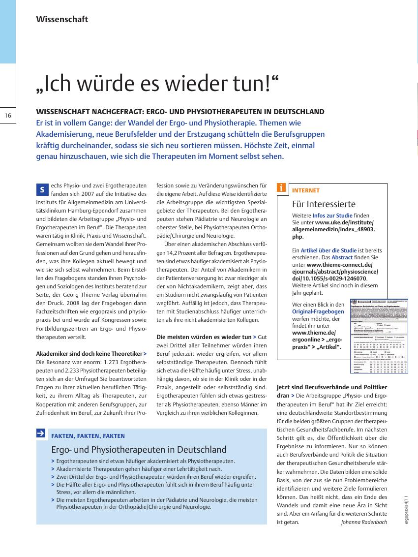 Vorschauseite 1: Wissenschaft nachgefragt: Ergound Physiotherapeuten in Deutschland – „Ich würde es wieder tun! ”