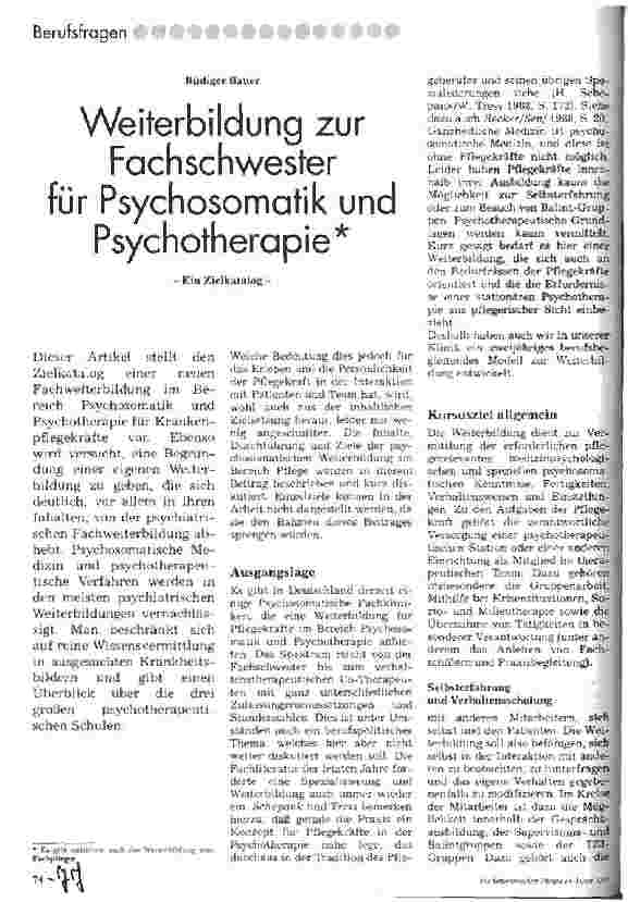 Vorschauseite 1: Weiterbildung zur Fachschwester für Psychosomatik und Psychotherapie. - Ein Zielkatalog -