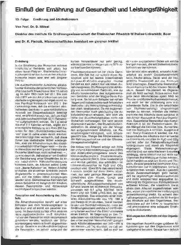 Vorschauseite 1: Einfluß der Ernährung auf Gesundheit und Leistungsfähigkeit 13. Folge: Ernährung und Alkoholkonsum
