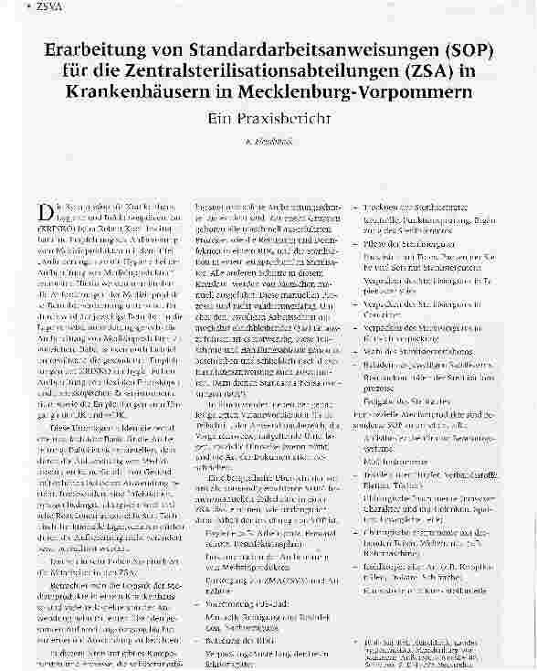 Vorschauseite 1: Erarbeitung von Standardarbeitsanweisungen (SOP) für die Zentralsterilisationsabteilungen (ZSA) in Krankenhäusern in Mecklenburg-VorpommernEin Praxisbericht