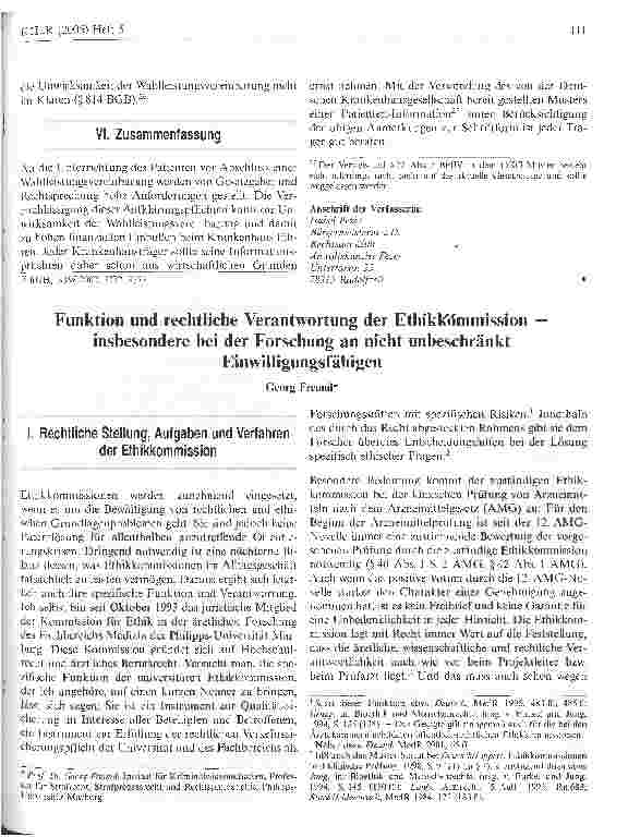 Vorschauseite 1: Funktion und rechtliche Verantwortung der Ethikkommission - insbesondere bei der Forschung an nicht unbeschränktEinwilligungsfähigen