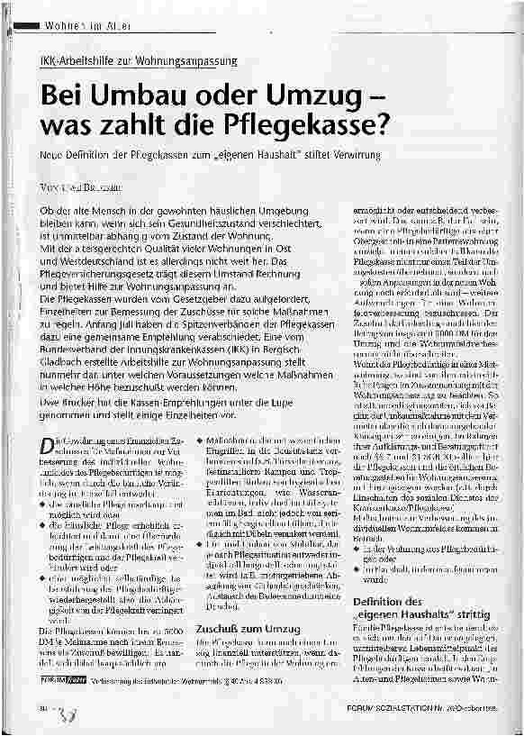 Vorschauseite 1: Bei Umbau oder Umzug - was zahlt die Pflegekasse? Neue Definition der Pflegekassen zum eigenen Haushalt stiftet Verwirrung IKK-Arbeitshilfe zur Wohnungsanpassung