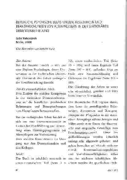 Vorschauseite 1: BERUFLICHE PSYCHISCHE BELASTUNGEN, RESSOURCEN UND BEANSPRUCHUNGEN VON ALTENPFLEGERN IN DER STATIONÄREN DEMENTENBETREUUNG