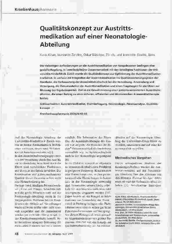 Vorschauseite 1: Qualitätskonzept zur Austrittsmedikation auf einer Neonatologie-Abteilung