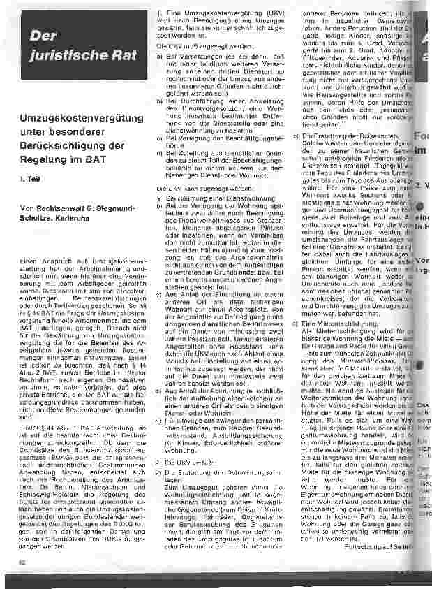 Vorschauseite 1: Der juristische Rat - Umzugskostenvergütung unter besonderer Berücksichtigung der Regelung im BAT