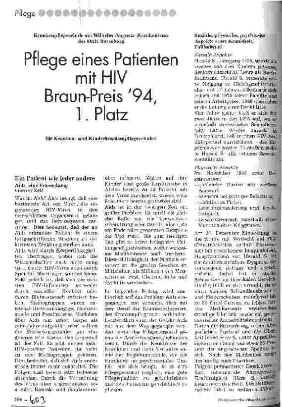 Vorschauseite 1: Pflege eines Patienten mit HIV Braun-Preis 94, 1. Platz