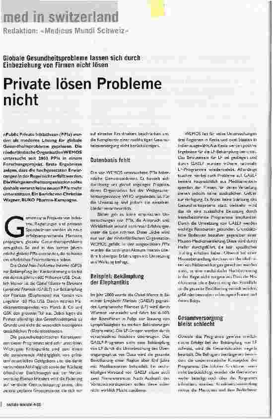 Vorschauseite 1: Globale Gesundheitsprobleme lassen sich durch Einbeziehung von Firmen nicht lösenPrivate lösen Probleme nicht