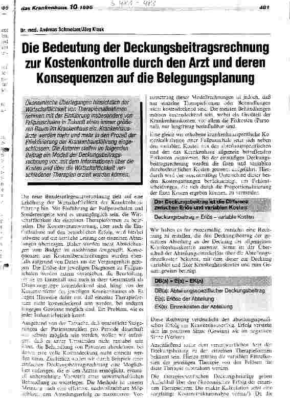 Vorschauseite 1: Die Bedeutung der Deckungsbeitragsrechnung zur Kostenkontrolle durch den Arzt und deren Konsequenzen auf die Belegungsplanung