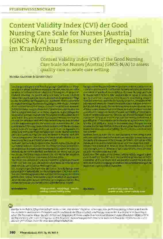 Vorschauseite 1: Content Validity Index (CVI) der Good Nursing Care Scale for Nurses [Austria] (GNCS-N/A) zur Erfassung der Pflegequalität im Krankenhaus