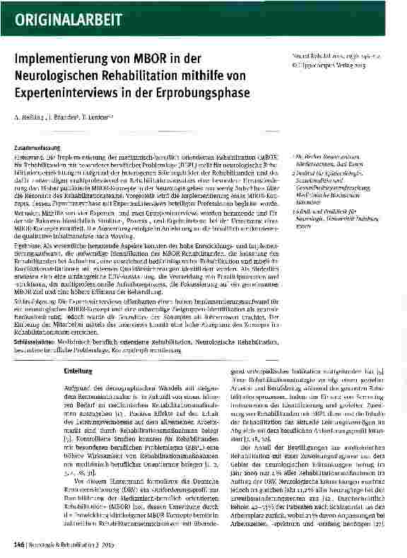 Vorschauseite 1: Implementierung von MBOR in der Neurologischen Rehabilitation mithilfe von Experteninterviews in der Erprobungsphase