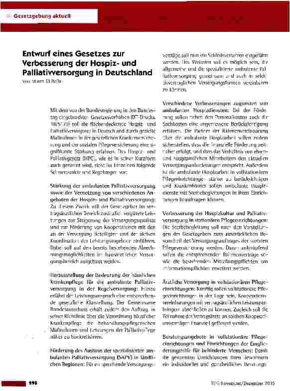 Vorschauseite 1: Entwurf eines Gesetzes zur Verbesseruns der Hospizund Palliatiwersorgung in Deutschland