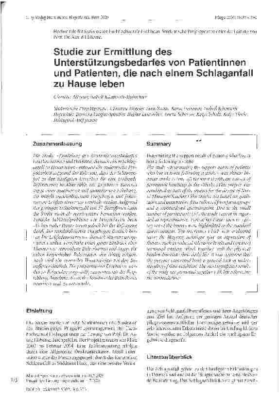 Vorschauseite 1: Studie zur Ermittlung des Unterstützungsbedarfes von Patientinnen und Patienten, die nach einem Schlaganfall zu Hause leben
