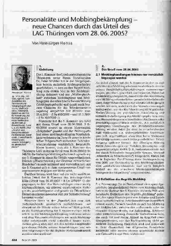 Vorschauseite 1: Personalräte und Mobbingbekämpfung neue Chancen durch das Urteil des LAG Thüringen vom 28. 06. 2005?