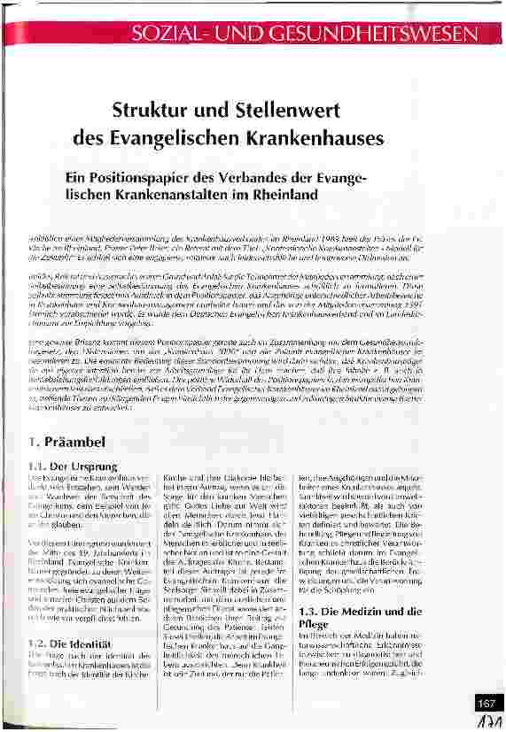 Vorschauseite 1: Struktur und Stellenwert des Evangelischen Krankenhauses Ein Positionspapier des Verbandes der Evangelischen Krankenanstalten im Rheinland