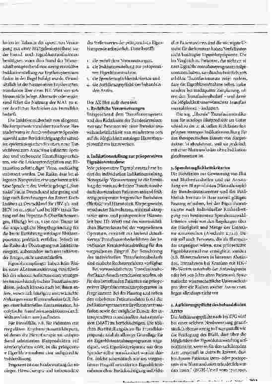 Vorschauseite 2: Aktuelle Empfehlungen zur autologen HämotherapieBei der 58. Sitzung des Arbeitskreises Blut am 17.3.2005 wurde folgendes Votum (V 32) verabschiedet: