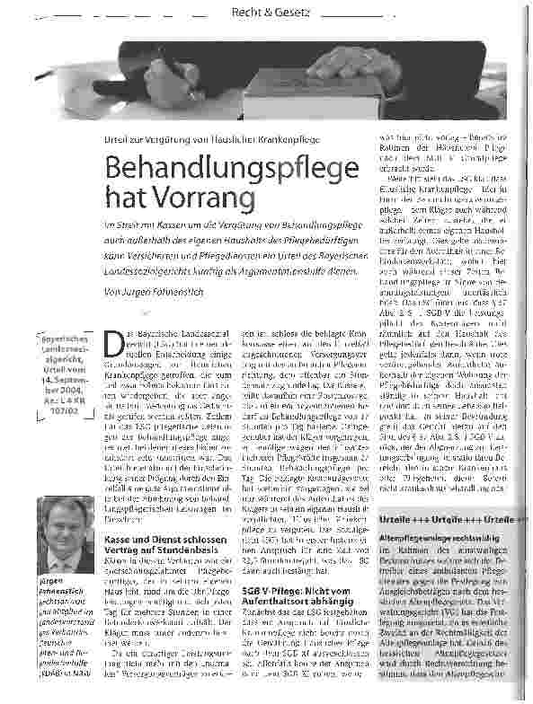 Vorschauseite 1: Behandlungspflege hat VorrangUrteil zur Vergütung von Häuslicher Krankenpflege