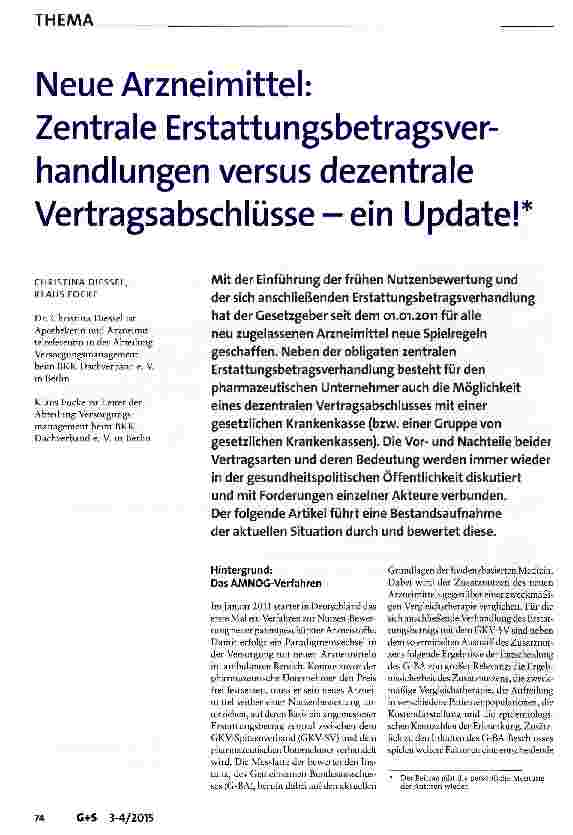 Vorschauseite 1: Neue Arzneimittel: Zentrale Erstattungsbetragsverhandlungen versus dezentrale Vertragsabschlüsse-ein Update!