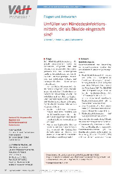 Vorschauseite 1: Umfüllen von Händedesinfektionsmitteln, die als Biozide eingestuft sind.
