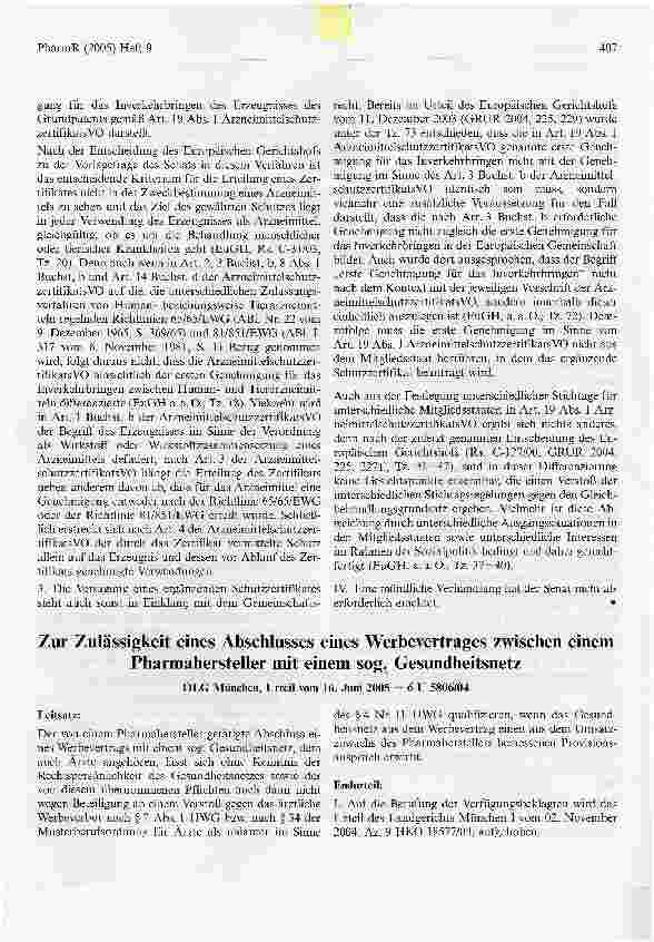 Vorschauseite 1: Zur Zulässigkeit eines Abschlusses eines Werbevertrages zwischen einem Pharmahersteller mit einem sog. Gesundheitsnetz