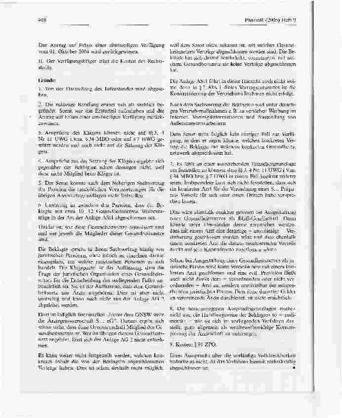Vorschauseite 2: Zur Zulässigkeit eines Abschlusses eines Werbevertrages zwischen einem Pharmahersteller mit einem sog. Gesundheitsnetz