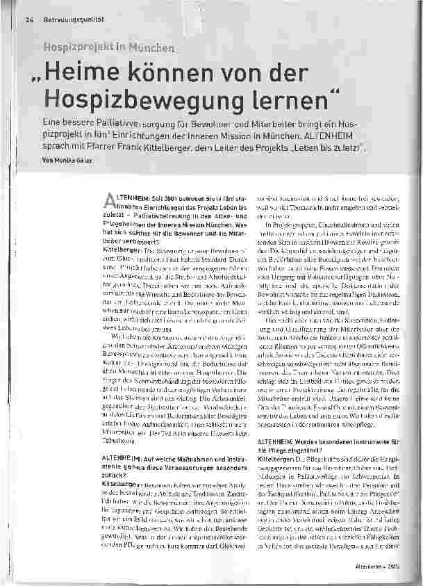 Vorschauseite 1: Hosplzprojekt in München. Heime können von der Hospizbewegung lernen