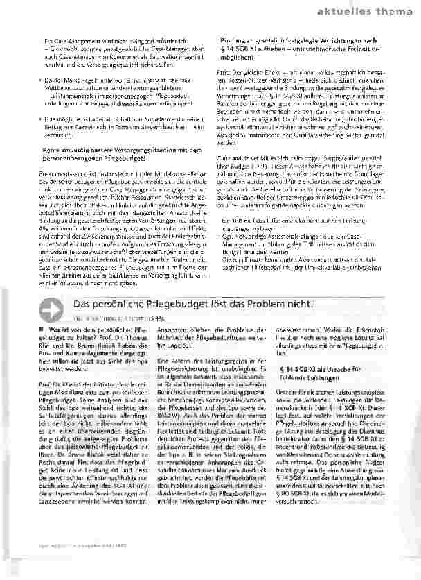 Vorschauseite 2: Für eine Ausweitung der Sicherungsleistungen braucht es personenbezogenes Pflegebudget