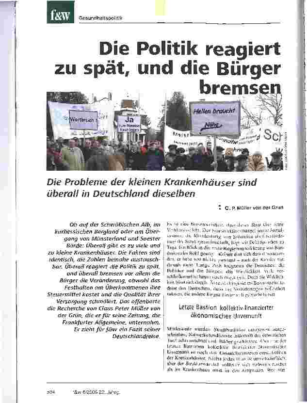 Vorschauseite 1: Die Politik reagiert zu spät, und die Bürger bremesenDie Probleme der kleinen Krankenhäuser sind überall in Deutschland dieselben