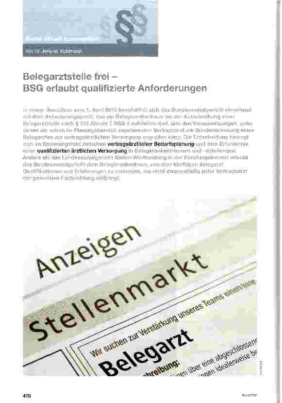 Vorschauseite 1: Belegarztstelle frei - BSG erlaubt qualifizierte Anforderungen