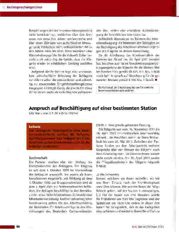 Vorschauseite 1: Anspruch auf Beschäftigung auf einer bestimmten Station LAG Mainz vom 3.7.2014 (5 Sa 120/14)