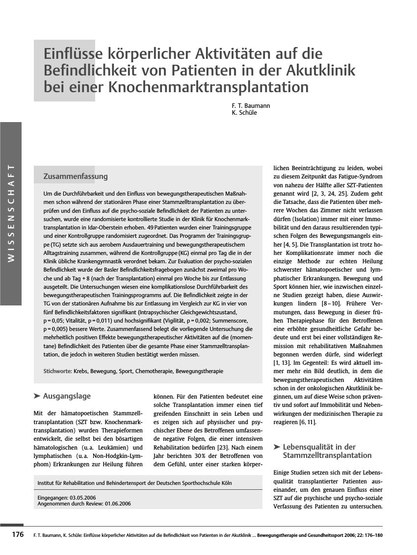Vorschauseite 1: Einflüsse körperlicher Aktivitäten auf die Befindlichkeit von Patienten in der Akutklinik bei einer Knochenmarktransplantation