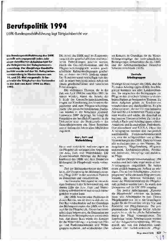 Vorschauseite 1: Berufspolitik 1994 DBfK-Bundesgeschäftsführung legt Tätigkeitsbericht vor