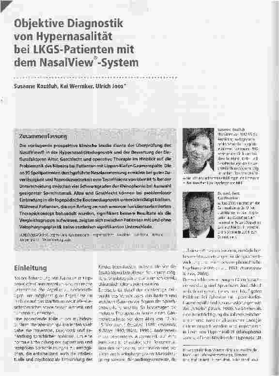 Vorschauseite 1: Objektive Diagnostik von Hypernasalität bei LKGS-Patienten mit dem NasalView@-System