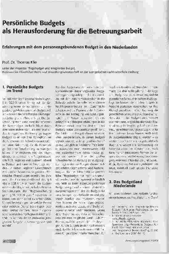 Vorschauseite 1: Persönliche Budgets als Herausforderung für die BetreuungsarbeitErfahrungen mit dem personengebundenen Budget in den Niederlanden