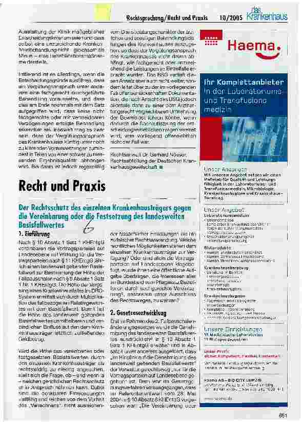Vorschauseite 1: Recht und Praxis: 1. EinführungDer Rechtsschutz des einzelnen Krankenhausträgers gegen die Vereinbarung oder die Festsetzung des landesweiten Basisfallwertes